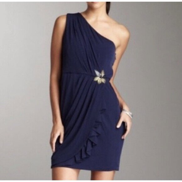 MAX and CLEO embellished DRESS blue SIZE 4 One Shoulder fitted mini VINTAGE NEW - Picture 3 of 16